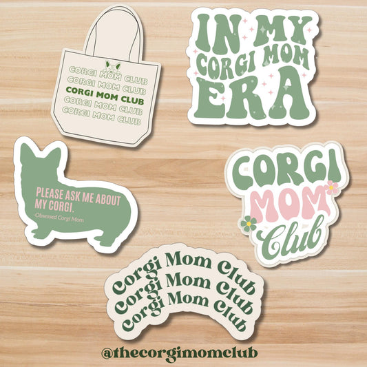 Retro Corgi Mom Sticker Set: Waterproof Laptop Stickers, 5-Pack